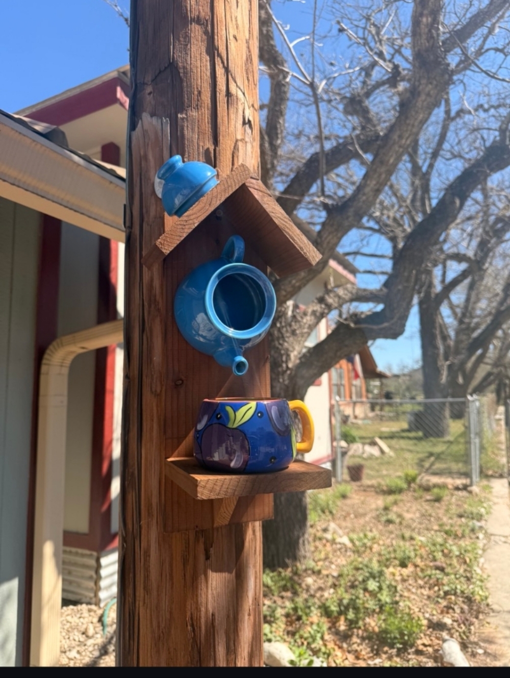 Rustic Wooden Handmade Teapot Bird Feeder Fruit And Flowers - Picture 14 of 16